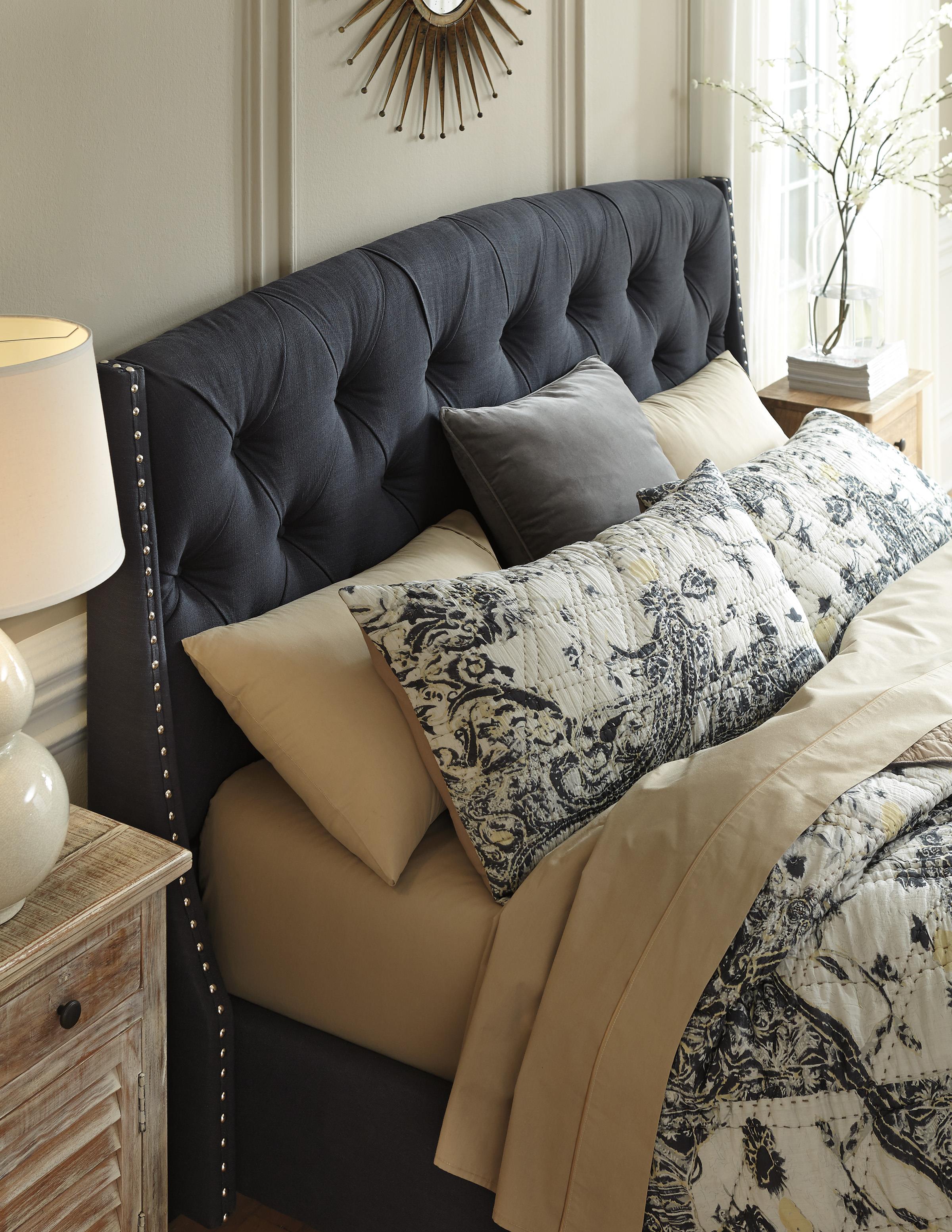 Signature Design by Ashley Kasidon Queen Upholstered Bed in Dark Gray with Tufting and Nailhead